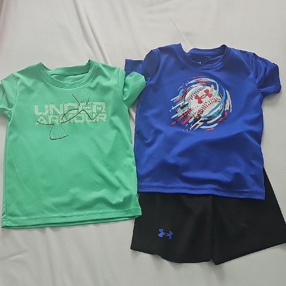 Under Armour Green and Blue Kids' T-Shirts with Black Shorts